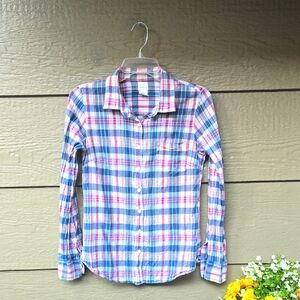 J Crew Long Sleeve Plaid Camp Shirt Pink Blue Xs